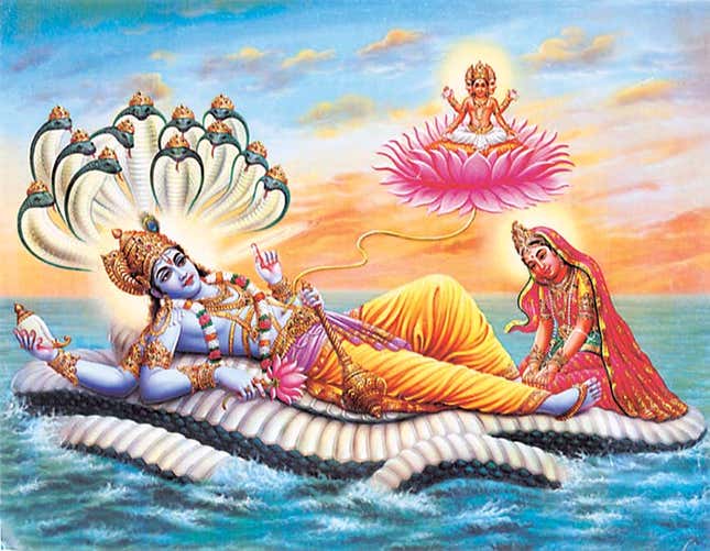 Popular 20th century image showing Lakshmi at the feet of Vishnu.