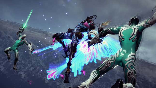 Characters engage in aerial combat with swords in Bayonetta 3.