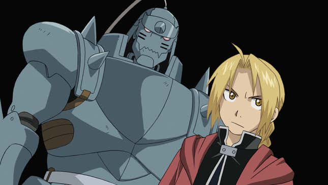 Fullmetal Alchemist's central characters are seen, with Alphonse as a suit of armor. 