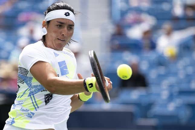 Aug 15, 2023; Mason, OH, USA; Ons Jabeur, of Tunisia, returns to Angelina Kalinina, of Ukraine, during the Western & Southern Open at Lindner Family Tennis Center.