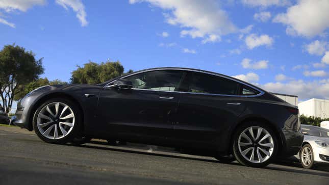 A Tesla Model 3 is seen in Fremont, Calif., on Monday, February 12, 2018. 