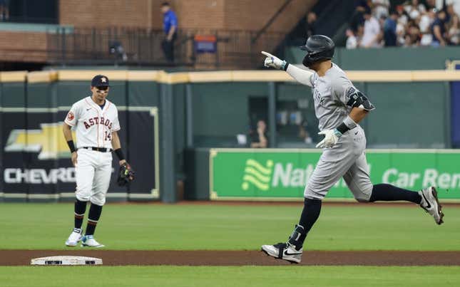 Sep 2, 2023; Houston, Texas, USA; New York Yankees right fielder Aaron Judge (99) rounds the bases after hitting a home run against Houston Astros starting pitcher Hunter Brown (58)(not pictured) in the third inning at Minute Maid Park.