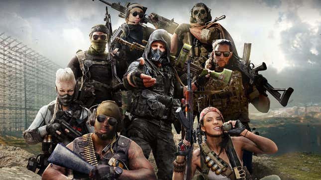 Call of Duty: Warzone operators pose for a group photo while one of them reaches out their hand. 