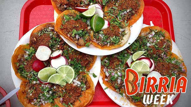 Birria tacos on red tray