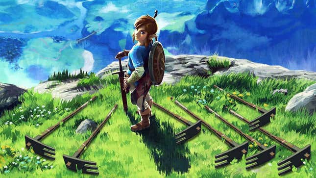 Link is standing at the cliffside in the Great Plateau, with a myriad of gardening tools lying around him.