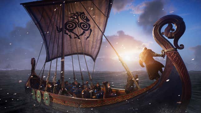 Vikings from Assassin's Creed Valhalla set sail in a long boat as the sun goes down. 