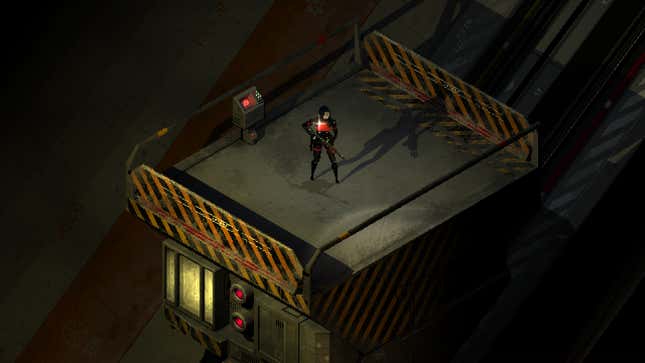 The player rides an elevator in a creepy environment.