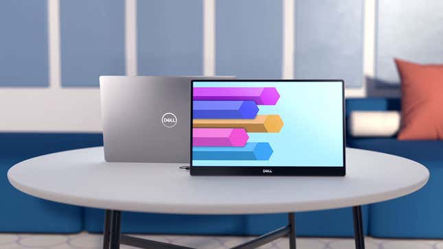 A photo of the Dell monitor linked up to a Dell laptop