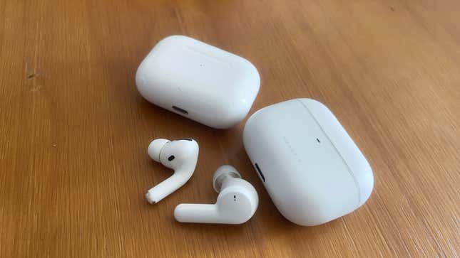 Airpods Pro case and bud next to the Amazfit Powerbuds Pro case and bud