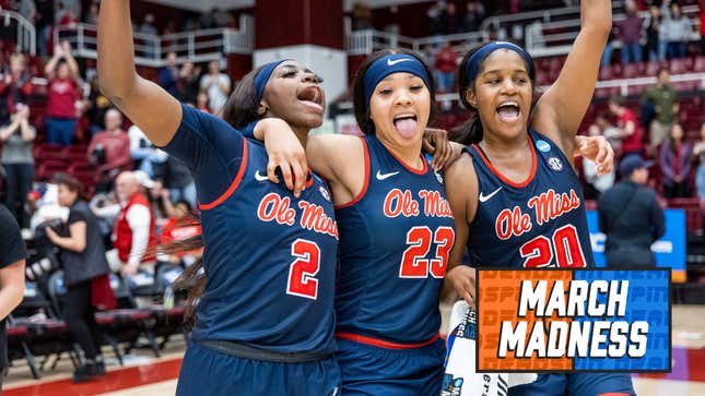 Ole Miss Rebels players celebrate their win during the second round of the NCAA Women’s Basketball Tournament between the Ole Miss Rebels and the Stanford Cardinal.