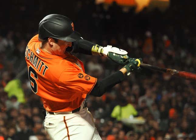 May 19, 2023; San Francisco, California, USA; San Francisco Giants third baseman Casey Schmitt (6) hits an RBI single against the Miami Marlins during the sixth inning at Oracle Park.