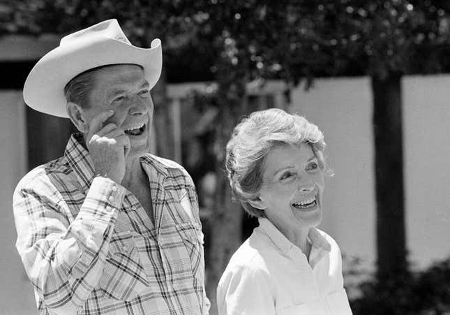Ronald Reagan and wife Nancy take time away from campaigning for a relaxing ride around their ranch just North of Santa Barbara, Monday, June 29, 1976. Reagan hosted a party for members of the traveling press which included an outdoor barbecue. (AP Photo/Walter Zeboski)