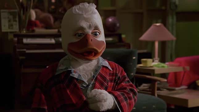 Howard the Duck trying to make his move on Beverly in pajamas and a flannel bathrobe.
