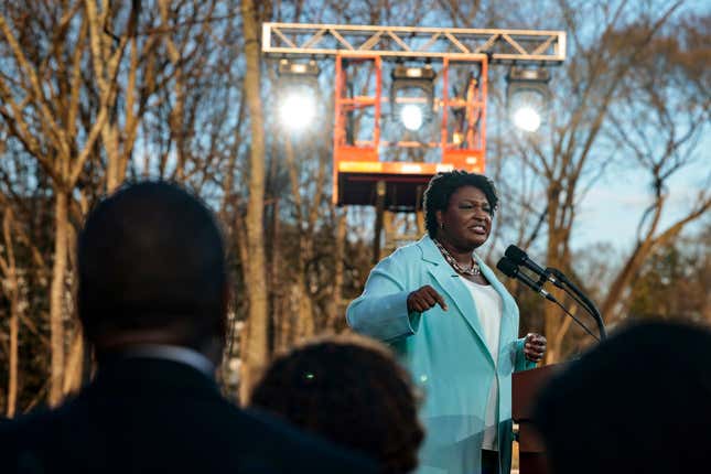 Georgia gubernatorial Democratic candidate Stacey Abrams speaks during a campaign rally on March 14, 2022, in Atlanta, Georgia. Abrams is on a weeklong tour of cities in Georgia after qualifying last week to run again for governor and currently has no opponent for the Democratic nomination. 