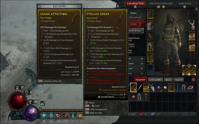 A screenshot from Diablo IV shows a comparison of weapon stats.