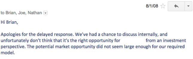 Image for article titled The rejection letters of early-round investors who passed on Airbnb