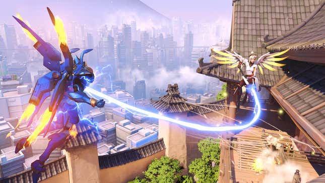 two flying soldiers battle above a pagoda in overwatch