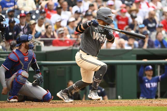 Jul 8, 2023; Washington, DC, USA; Washington Nationals third baseman Ildemaro Vargas (14) in the 5th inning against the Texas Rangers at Nationals Park When playing singles.