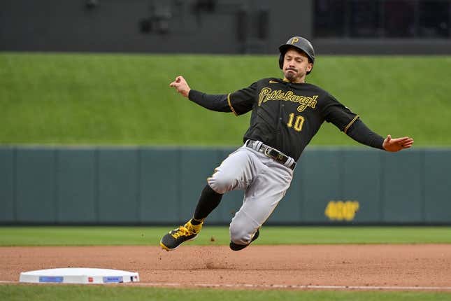Apr 16, 2023; St. Louis, Missouri, USA;  Pittsburgh Pirates left fielder Bryan Reynolds (10) slides in at third against the St. Louis Cardinals during the seventh inning at Busch Stadium.