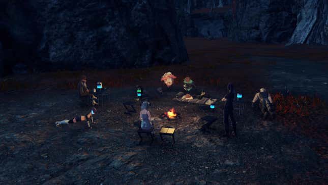 Figures gather around a campfire in dusky light.