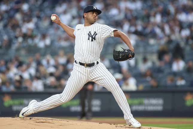 Jun 8, 2023; Bronx, New York, USA; New York Yankees starting pitcher Randy Vasquez pitches during the first inning against the New York Yankees at Yankee Stadium.