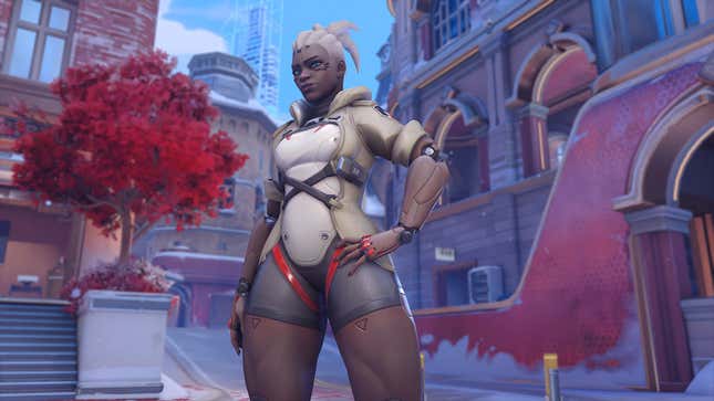 Sojourn stands in the middle of an Overwatch map.