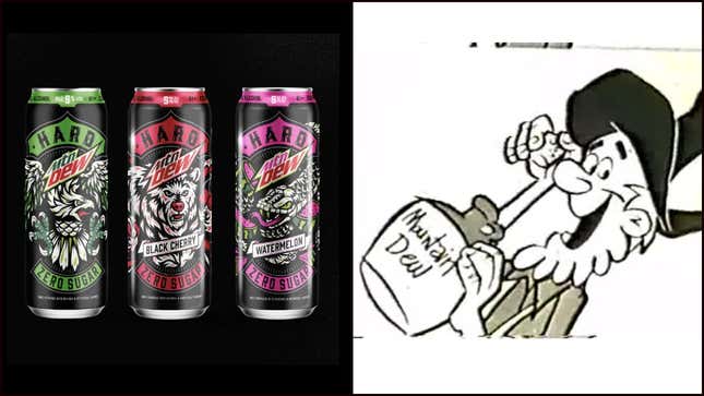 On left: three cans of new Hard MTN DEW; on right: original hillbilly mascot for Mountain Dew