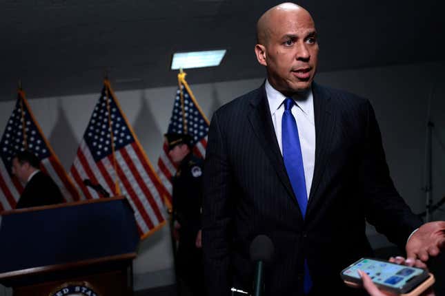 Sen. Cory Booker (D-NJ) speaks to reporters following the first day of the Senate Judiciary Committee hearing for U.S. Supreme Court nominee Judge Ketanji Brown Jackson in the Hart Senate Office Building on Capitol Hill on March 21, 2022, in Washington, DC.