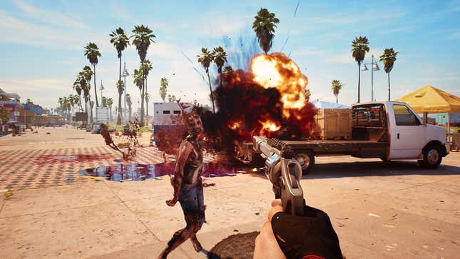 A player shoots at a bloody zombie in Dead Island 2.