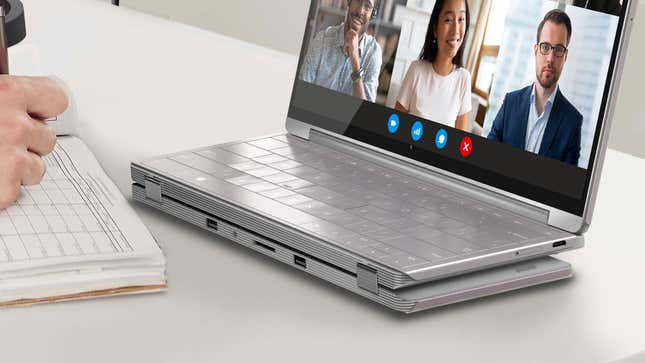 Ein Rendering Des Laptop-Konzepts Von Compal Electronics, Das In Zwei Hälften Gefaltet Gezeigt Wird Und Zusätzliche Anschlüsse Freigibt.