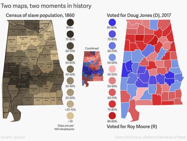 Image for article titled Two maps explain the racial history behind Alabama’s senate vote