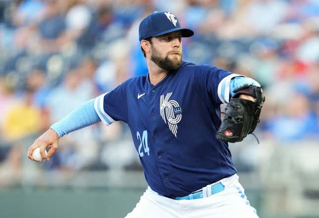 May 26, 2023; Kansas City, Missouri, USA; Kansas City Royals starting pitcher Jordan Lyles (24) pitches during the first inning against the Washington Nationals at Kauffman Stadium.