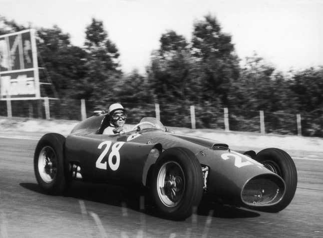 Italian racing driver Luigi Musso in his Lancia Ferrari D50 in practice for the 1956 Italian Grand Prix at Monza.