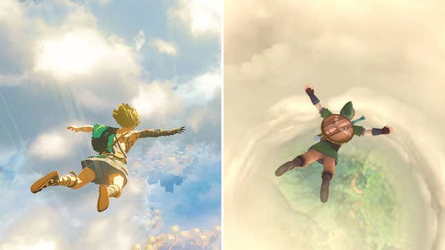 Side by side comparison between Link freefalling in Breath of The Wild 2 and Skyward Sword