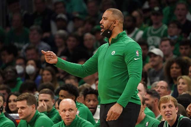 Jun 8, 2022; Boston, Massachusetts, USA; Boston Celtics head coach Ime Udoka reacts in the second quarter during game three of the 2022 NBA Finals against the Golden State Warriors at the TD Garden.