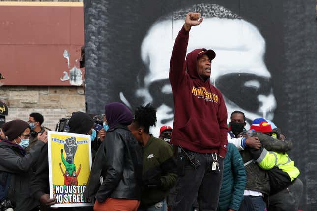People react after the verdict in the trial of former Minneapolis police officer Derek Chauvin, found guilty of the death of George Floyd, at George Floyd Square in Minneapolis, Minnesota