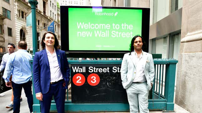 Baiju Bhatt and Vlad Tenev outside the Wall Street subway station during Robinhood Markets IPO Listing Day on July 29, 2021 