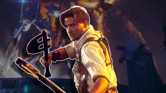 An image of Brendan Fraser from The Mummy wielding two axes in front of a Destiny 2 fire fight.