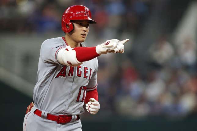 Jun 15, 2023; Arlington, Texas, USA; Los Angeles Angels starting pitcher Shohei Ohtani (17) reacts after hitting a two run home run in the eighth inning against the Texas Rangers at Globe Life Field.