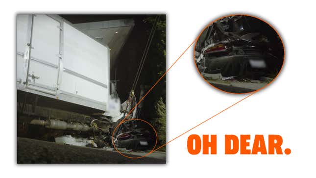 A graphic showing a Lamborghini Aventador crushed beneath a truck.
