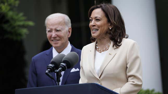 US Vice President Kamala Harris speaks during a National Small Business Week event with US President Joe Biden, left, in the Rose Garden of the White House in Washington, DC, US, on Monday, May 1, 2023.