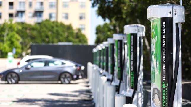 A photo of a lineup of EV chargers in California. 