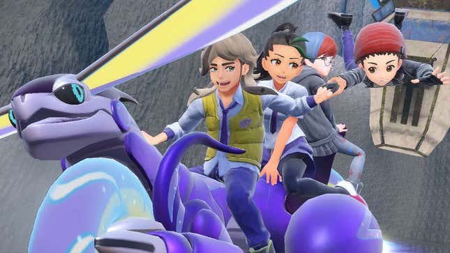 Arven, Nemona, Penny, and a Pokémon trainer are shown flying on Miraidon's back.