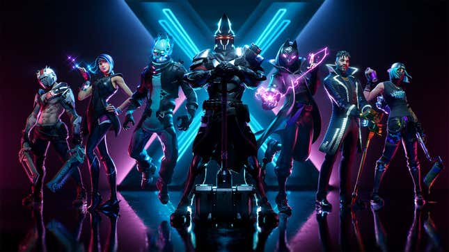 An image shows a group of Fortnite characters standing together in a dark room. 