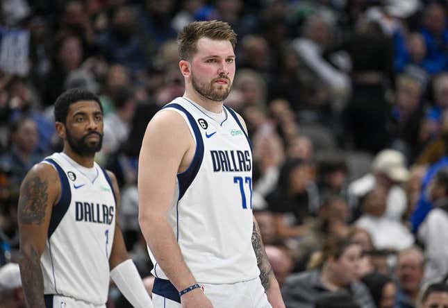 Feb 23, 2023; Dallas, Texas, USA; Dallas Mavericks guard Kyrie Irving (2) and guard Luka Doncic (77) during the game between the Dallas Mavericks and the San Antonio Spurs at American Airlines Center.