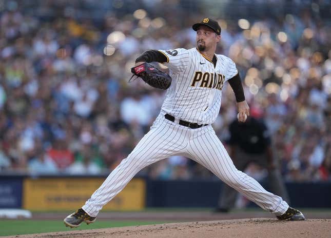 Aug 16, 2023; San Diego, California, USA;  San Diego Padres starting pitcher Blake Snell (4) throws a pitch against the Baltimore Orioles during the first inning at Petco Park.