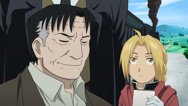Edward is seen looking at an older man in a moment from Fullmetal Alchemist.