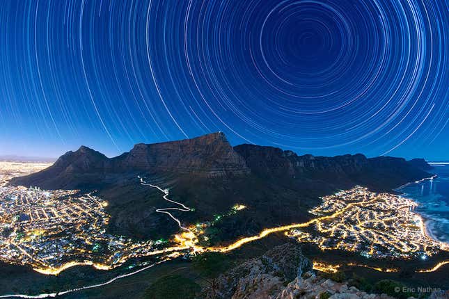 Star trails over Cape Town, South Africa.