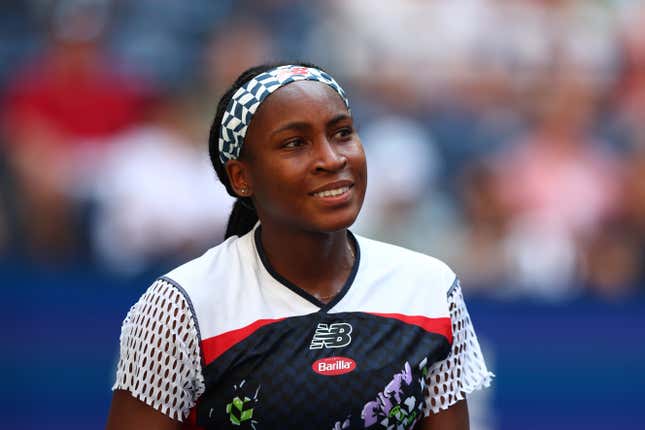 Coco Gauff of the United States reacts to a point against Leolia Jeanjean of France during the Women’s Singles First Round on Day One of the 2022 US Open at USTA Billie Jean King National Tennis Center on August 29, 2022 in the Flushing neighborhood of the Queens borough of New York City. (Photo by Elsa/Getty Images)