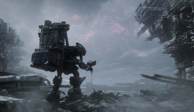 Fotograma del trailer de presentación del juego Armored Core VI con un robot recogiendo chatarra.
